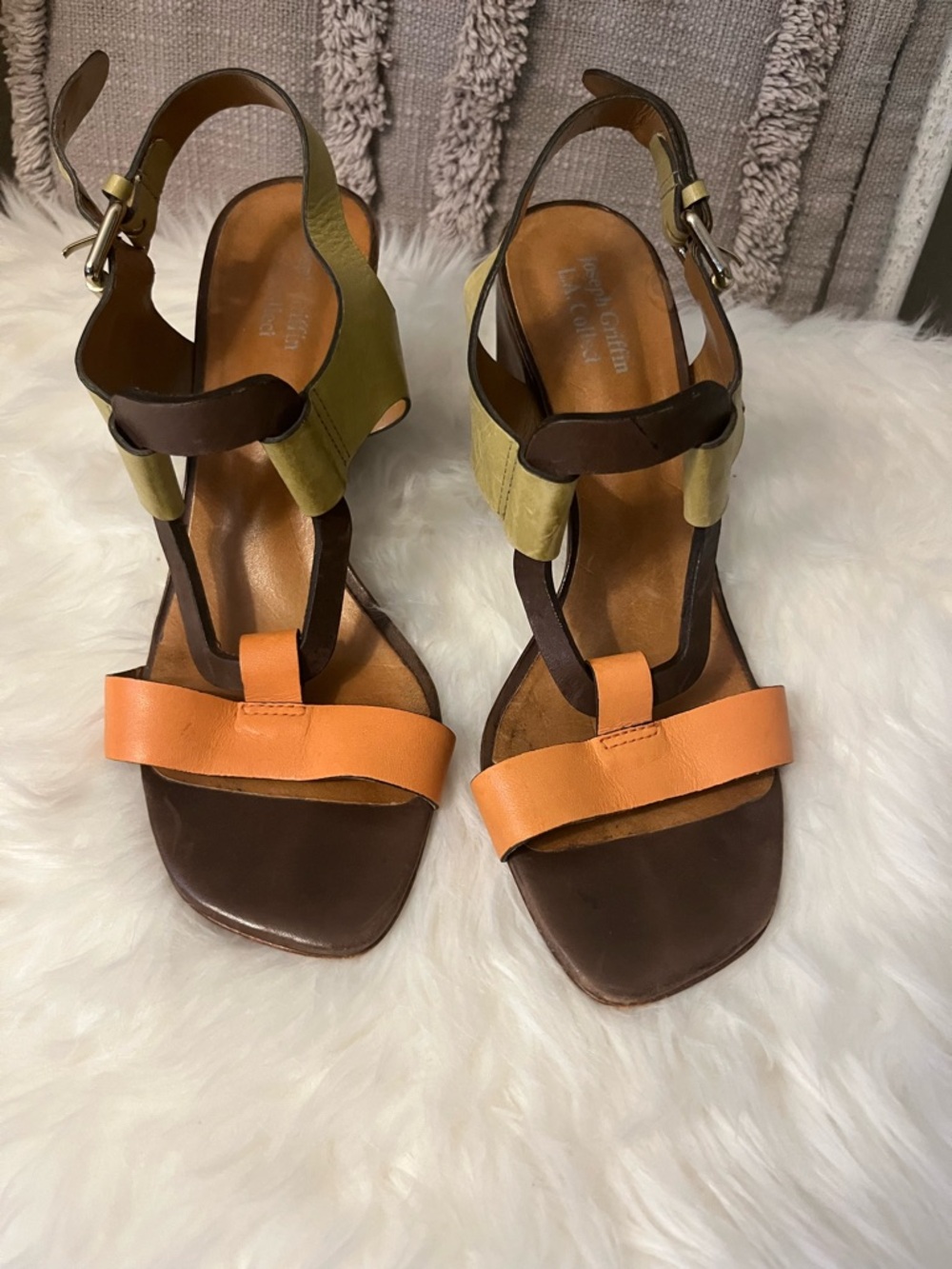Leather T-Strap Heels in Orange & Olive - Designer Style